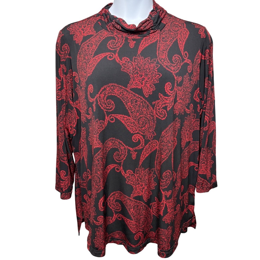 SUSAN GRAVER Womens Black Red Paisley Mock Neck Stretch Tunic Top 2X Boho Office